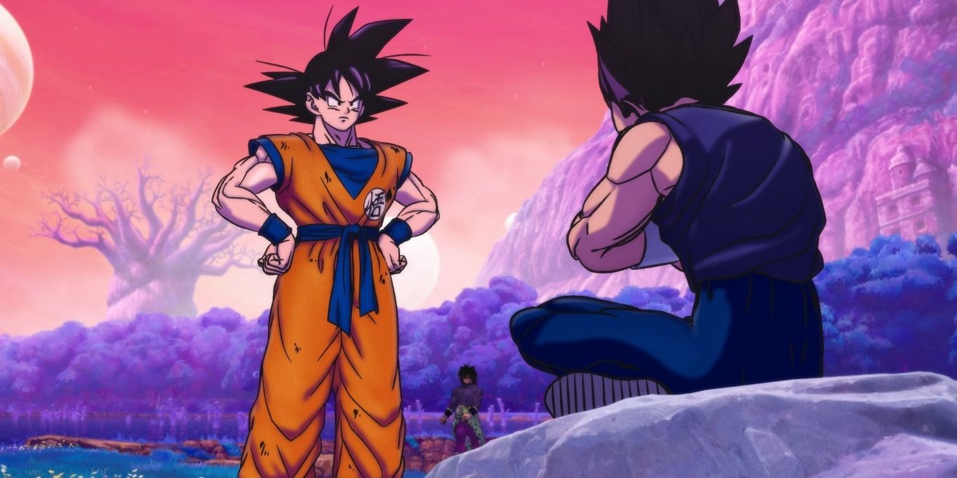goku y Vegeta en el planeta de Bills con Broly de fondo