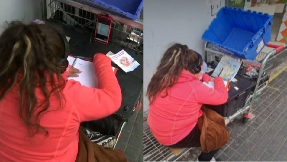 Puente Alto Niña recibe clases onlie en plena calle.