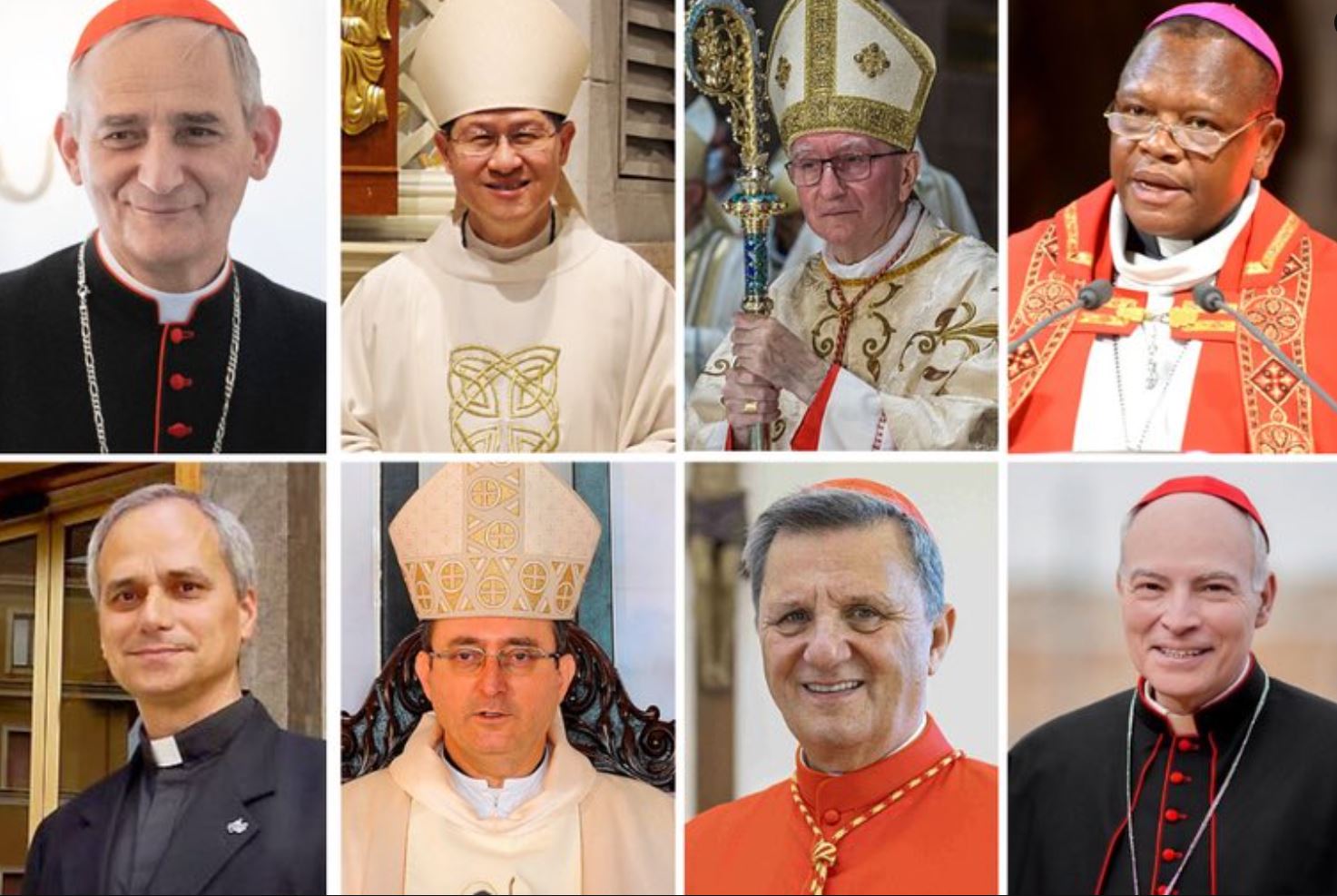 Arriba (de izquierda a derecha) Cardenal Matteo Zuppi, Cardenal Luis Tagle, Cardenal Pietro Parolin, Cardenal Fridolin Ambongo. Abajo (de izquierda a derecha) Cardenal Robert Francis Prevost, Cardenal Sérgio da Rocha, Cardenal Mario Grech, Cardenal Carlos Aguiar Retes. | Crédito: Wikimedia Commons / Dominio público.