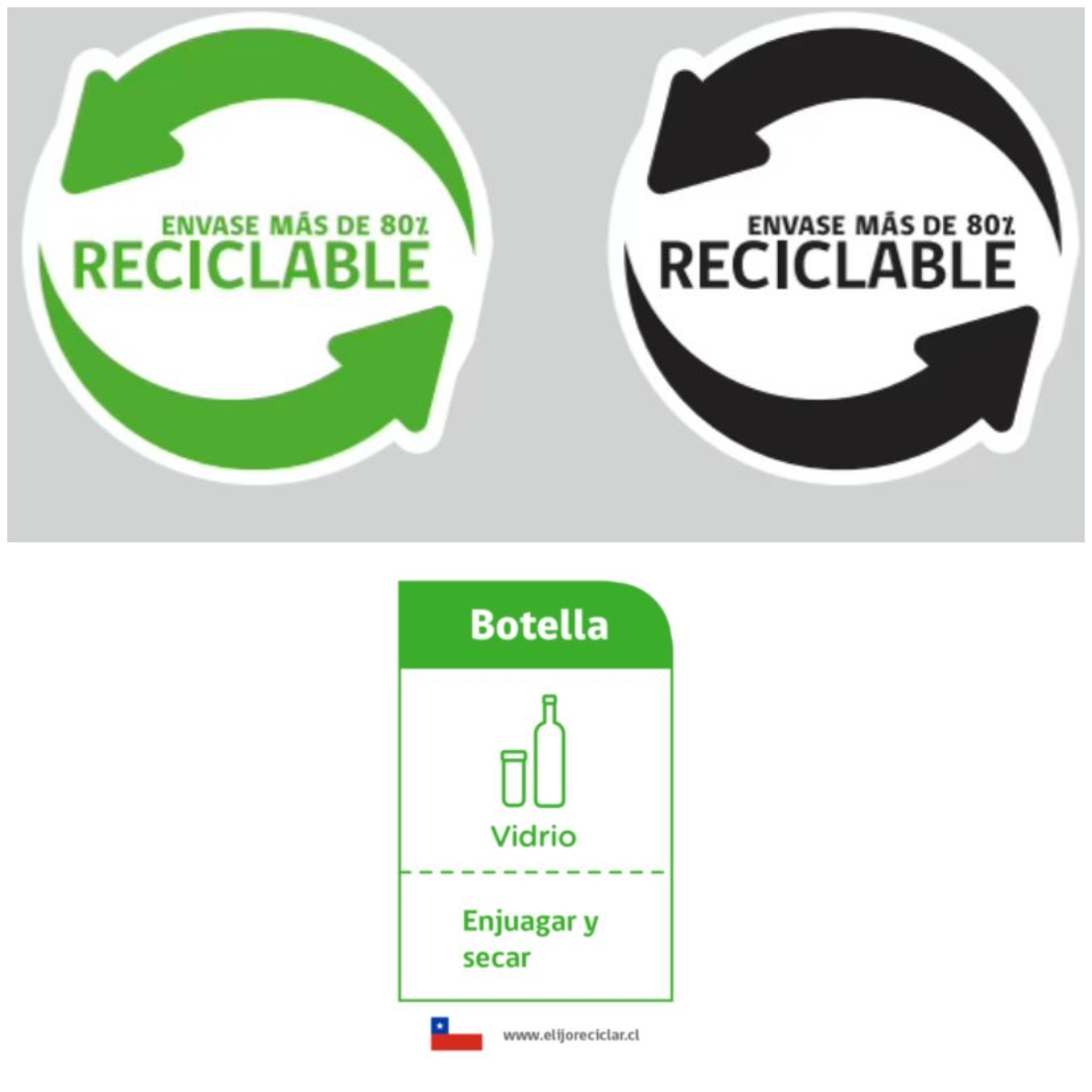 Imagen superior: sello de reciclabilidad. Imagen inferior: información para el reciclaje.