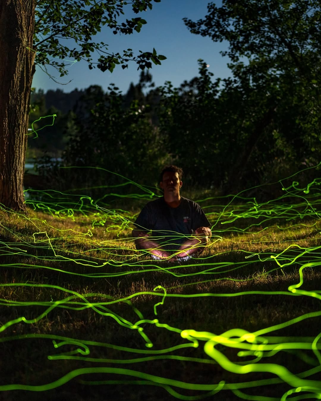 La imagen favorita de Rolando Vidaura, los escarabajos bioluminiscentes a su alrededor.