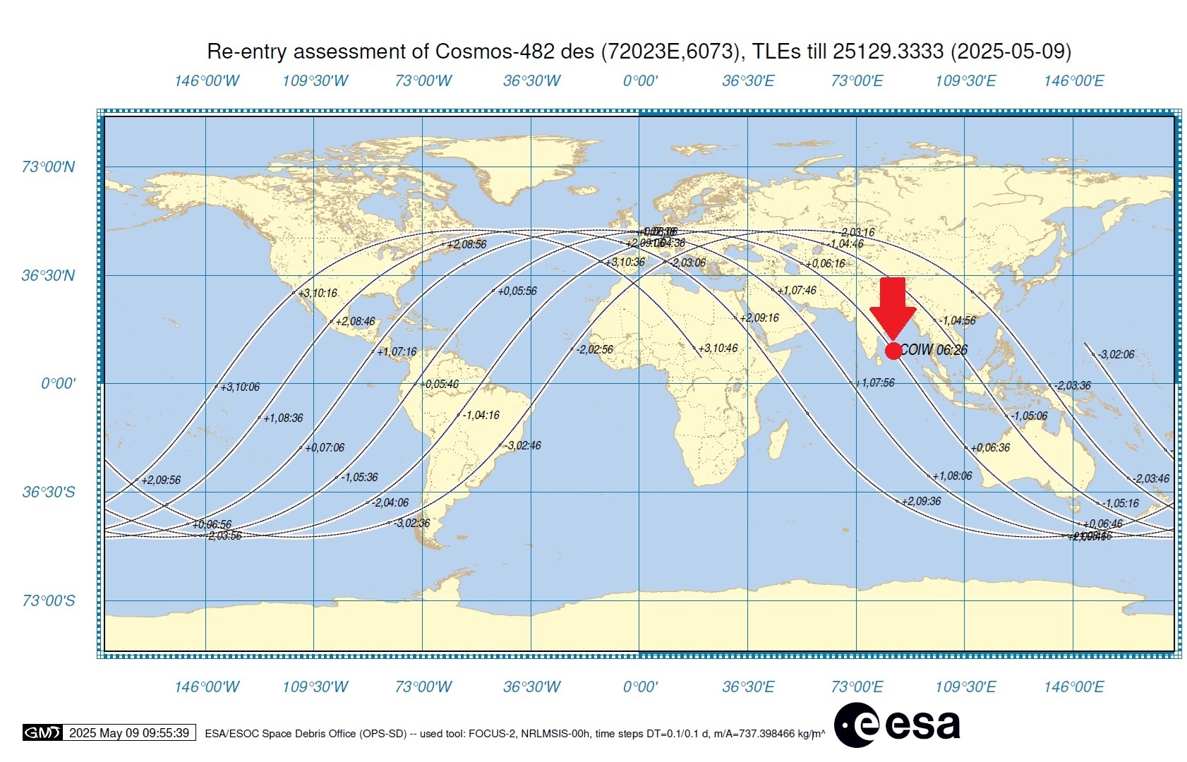 Las líneas representan las trayectorias terrestres de Kosmos 482 y el punto rojo simboliza el lugar donde se fragmentaría (ESA)