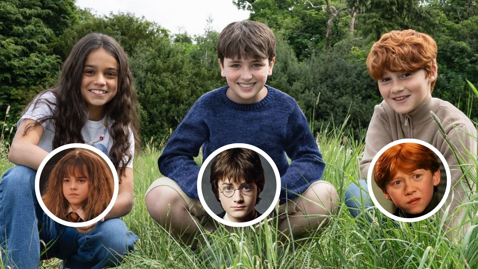 De izquierda a derecha: los actores que darán vida a Hermione, Harry y Ron. En el círculo, los actores de la película