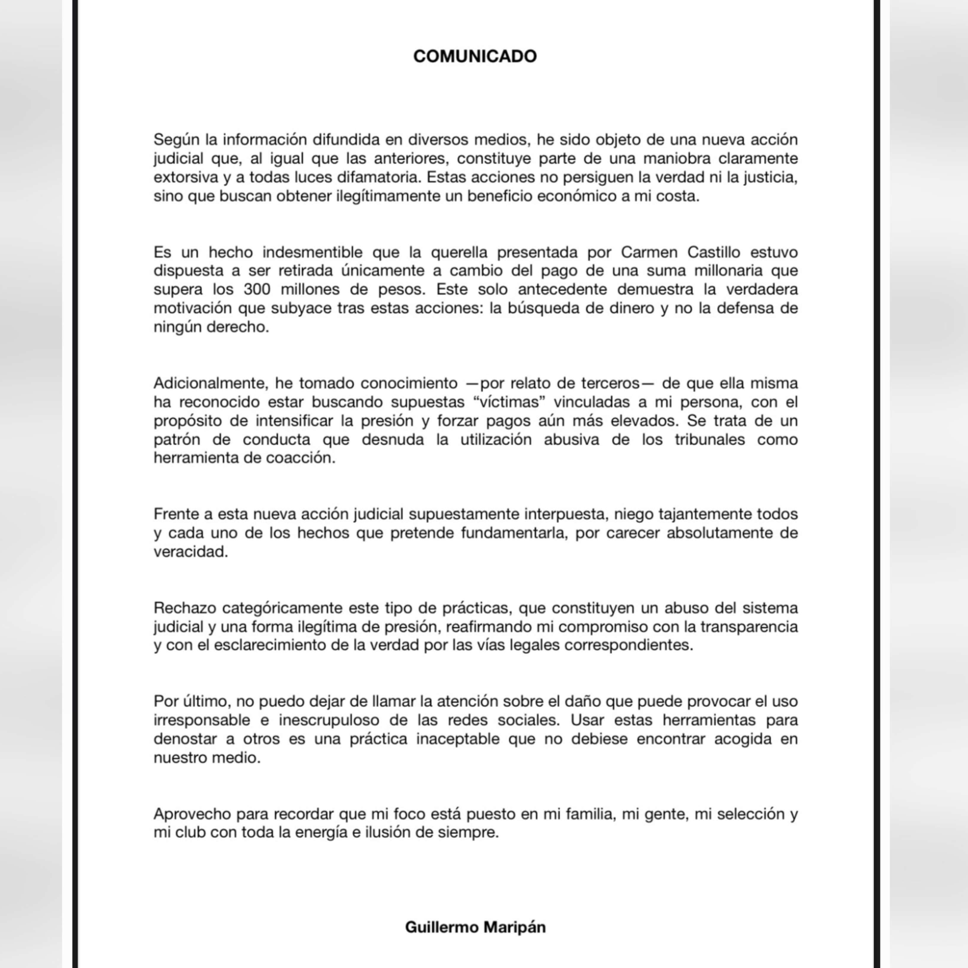 Comunicado Guillermo Maripán/Instagram