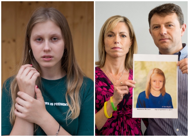 A la izquierda, Julia Wandelt; a la derecha, Kate y Gerry McCann en 2012, con un retrato de cómo luciría su hija Madeleine en aquel año (AFP)