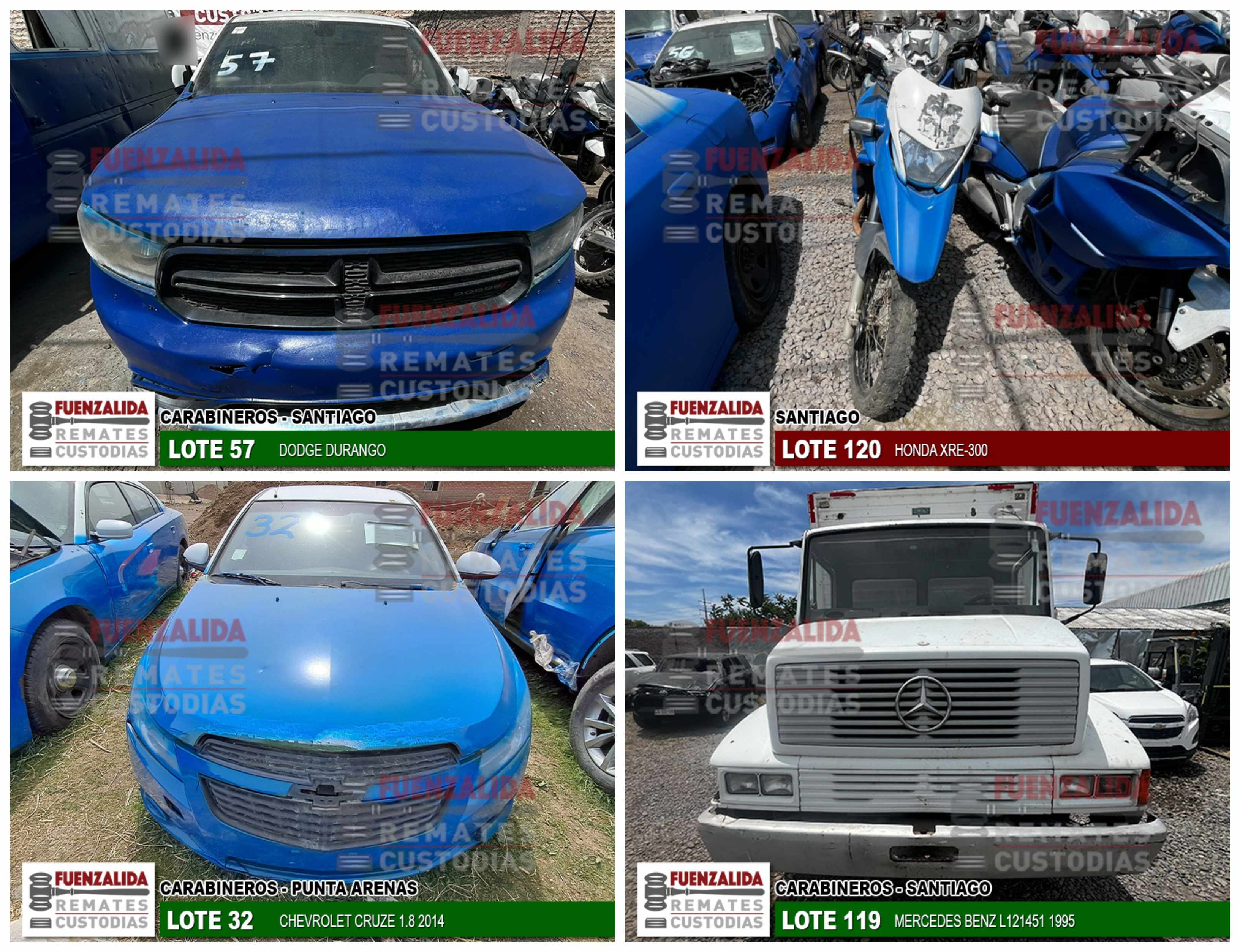 Estos son algunos de los autos, camionetas, motos y camiones de Carabineros que serán subastados (Fuenzalida Remates)