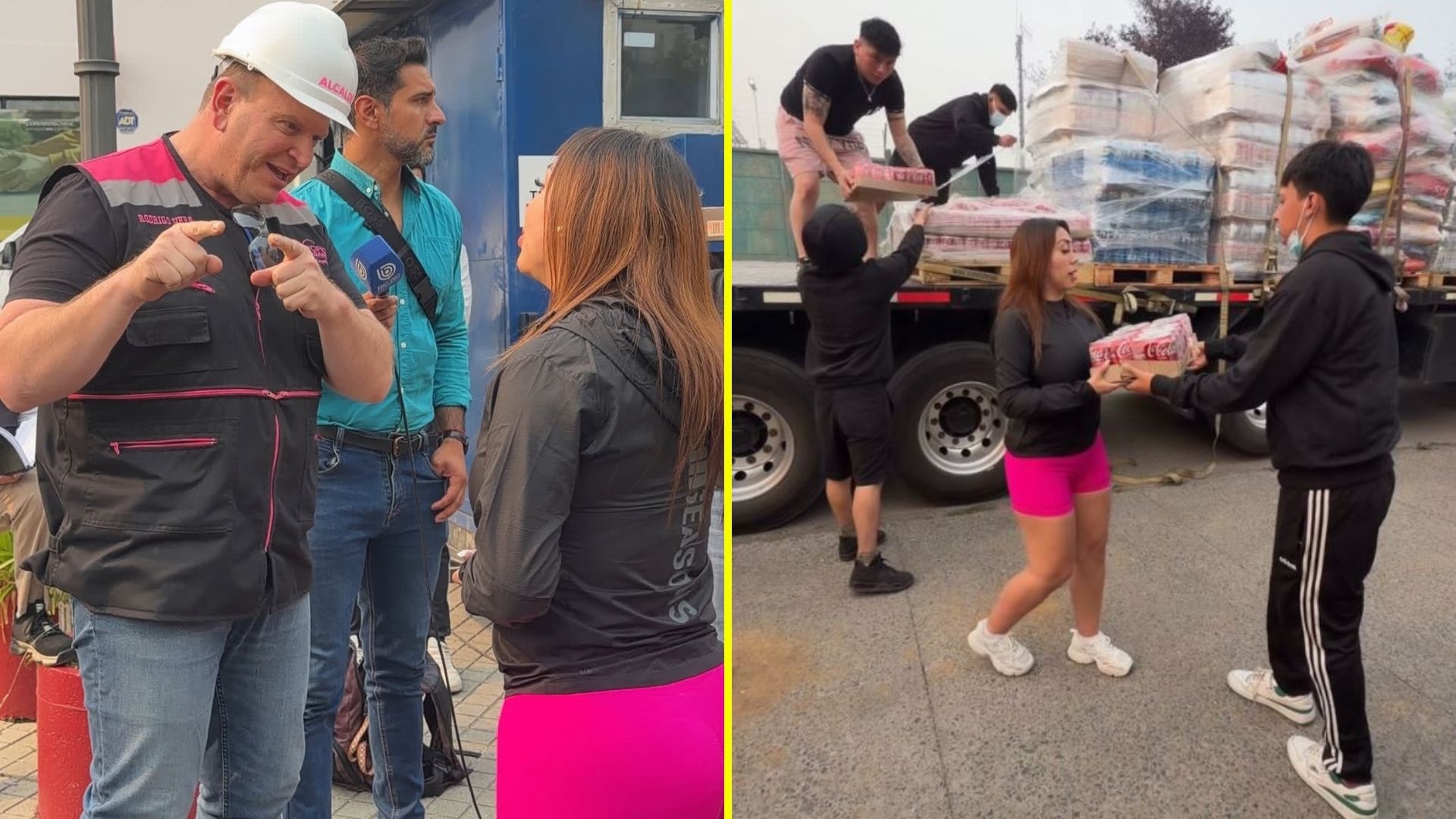 A la izquierda Naya Fácil junto al alcalde de Penco Rodrigo Vera. A la derecha, Naya Fácil e influencers descargando la ayuda.