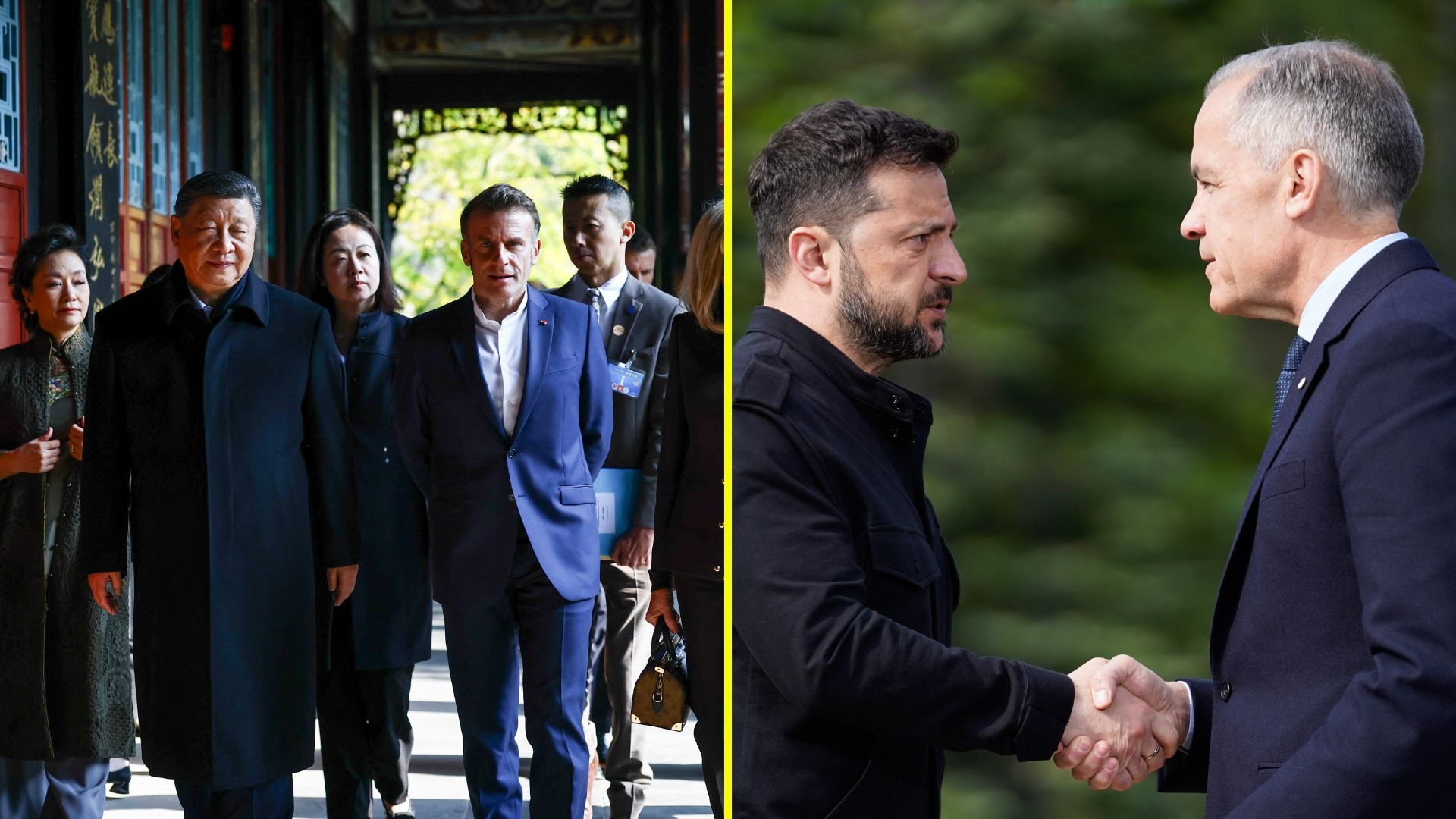 A la izquierda, Xi Jinping y Emmanuel Macron. A la derecha, Volodímir Zelenski y Mark Carney. / AFP.