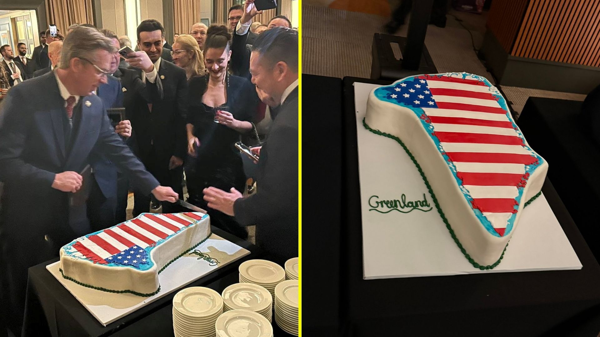 Fotografía de líderes y miembros del Partido Republicano con la torta de Groenlandia.