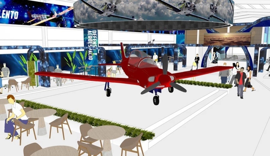 Render del stand de la FACh en Fidae con el prototito del t-40 Newen. / Fuerza Aérea de Chile.