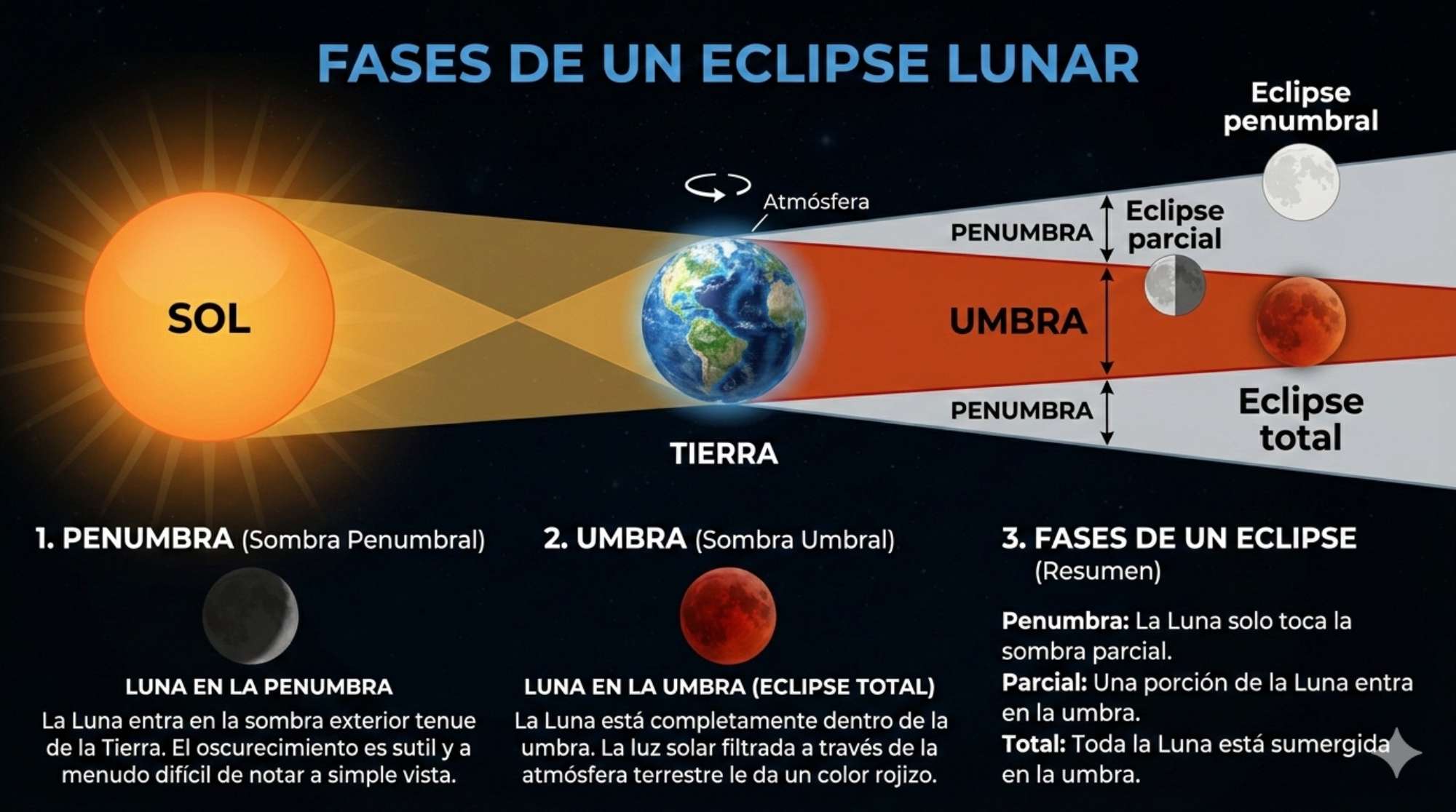 Fases de un eclipse lunar. / Gráfica generada con Gemini.