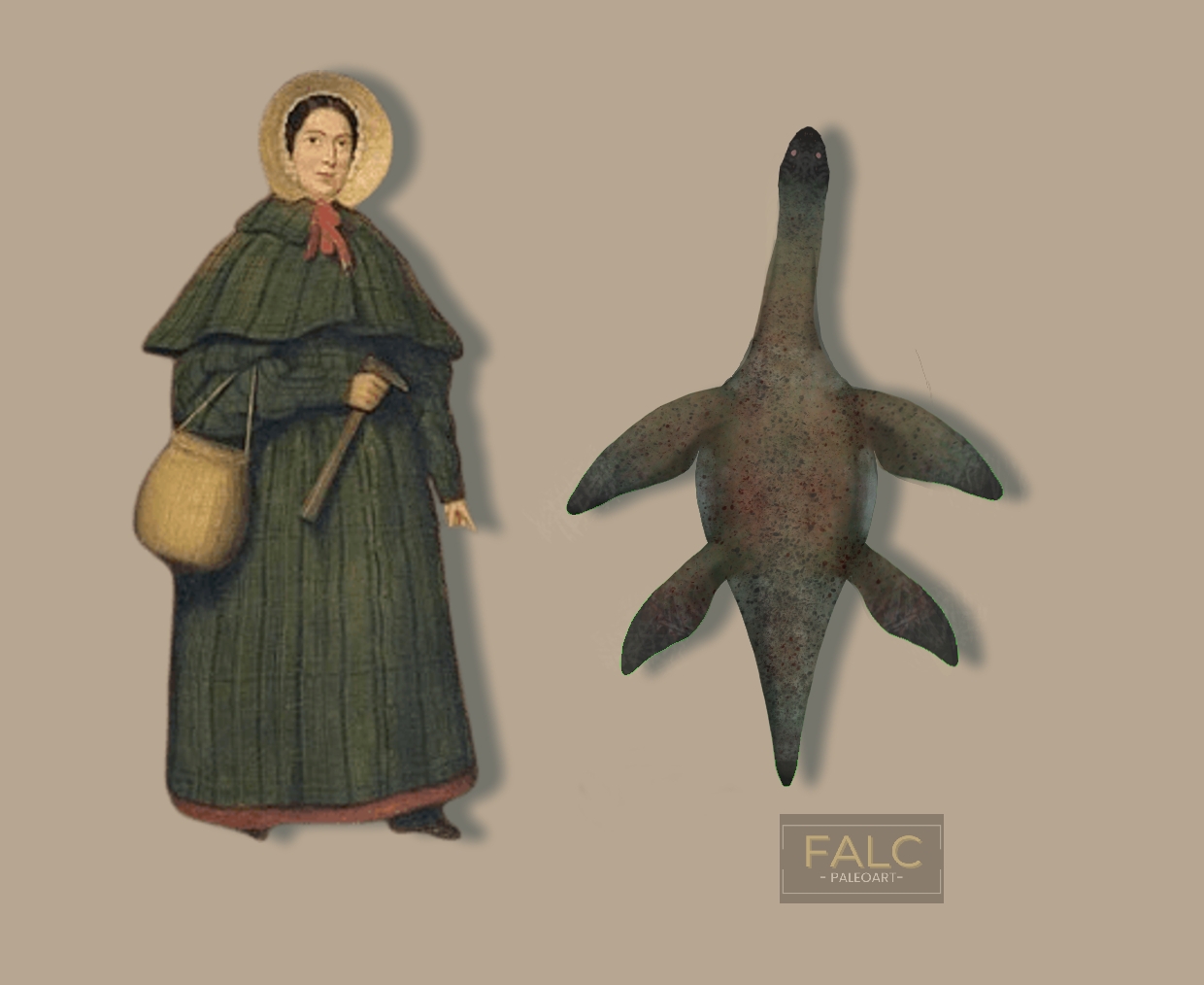 Imagen a escala del Gondwananectes osvaldoi, junto a la paleontóloga Mary Anning. / @falc.paleoart