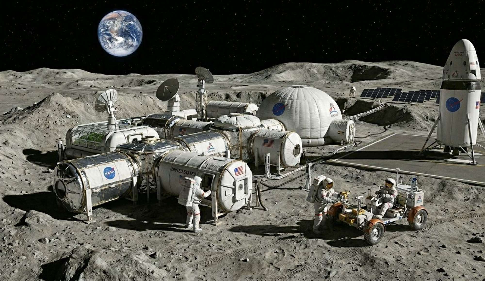 Recreación de una base lunar de la NASA en la Luna. / Creada con Gemini.