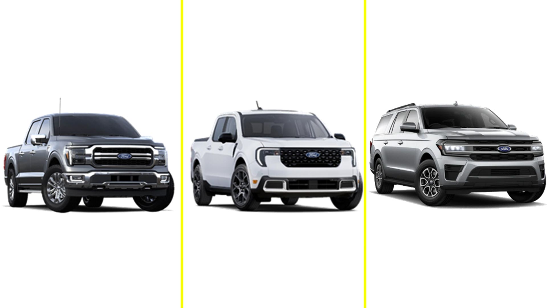 Imágenes referenciales de los modelos Expedition, F-150 y Maverick de Ford que podrían presentar fallas. / Sernac.