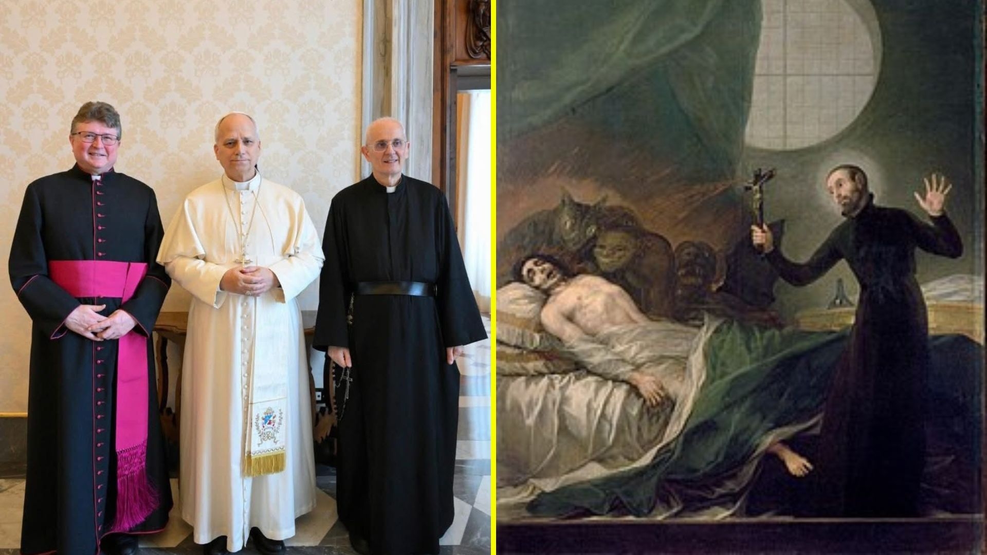 Papa León XIV junto a representantes de la AIE, y pintura ilustrativa de un exorcismo. / Créditos: AIE y Wikipedia.