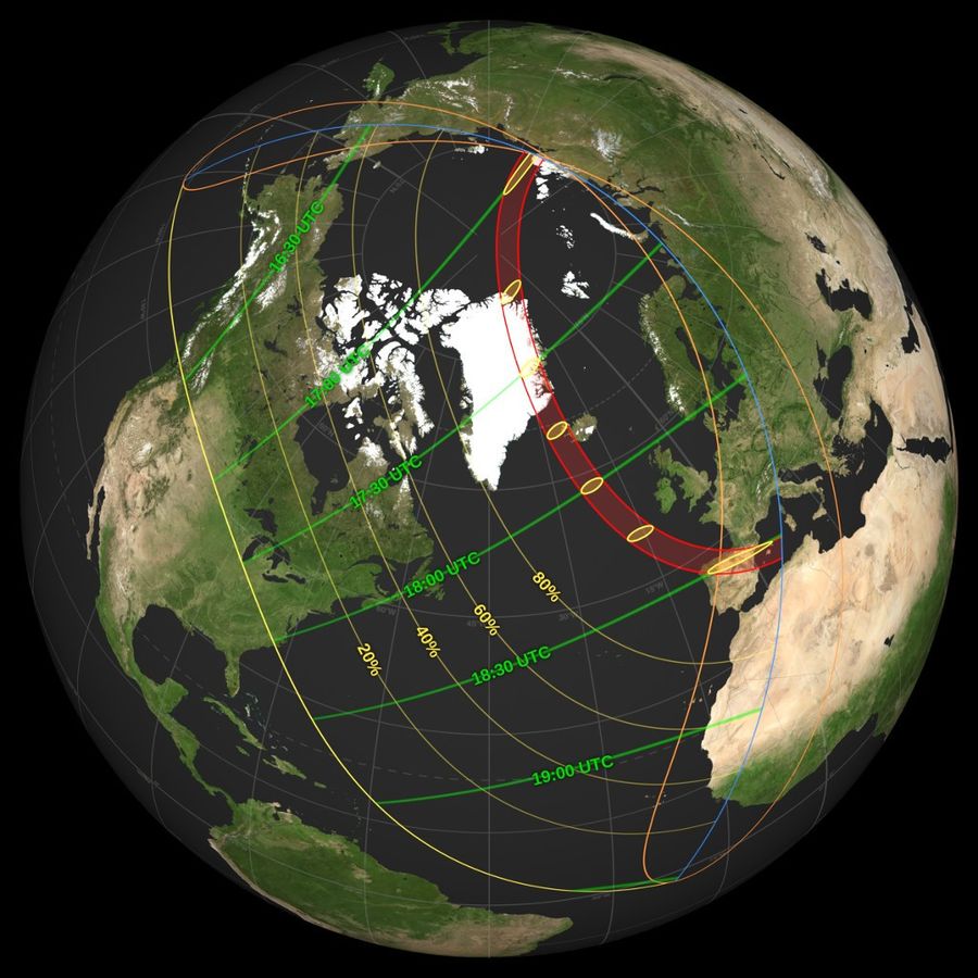La franja roja indica las zonas donde se podrá observar un eclipse solar total